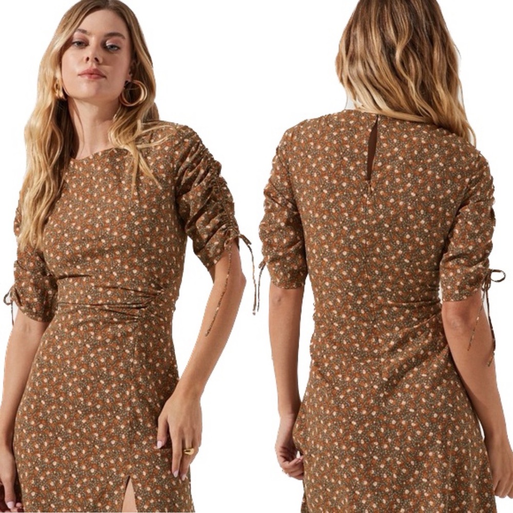 ASTR The Label Ruched Sleeve Midi Floral Dress Women Sz XS